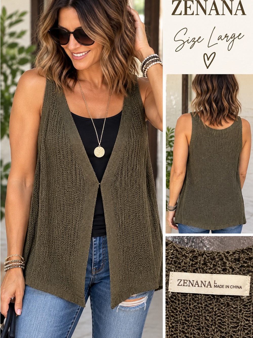 Zenana Outfitters Olive Open-Front Knit Sleeveless Vest